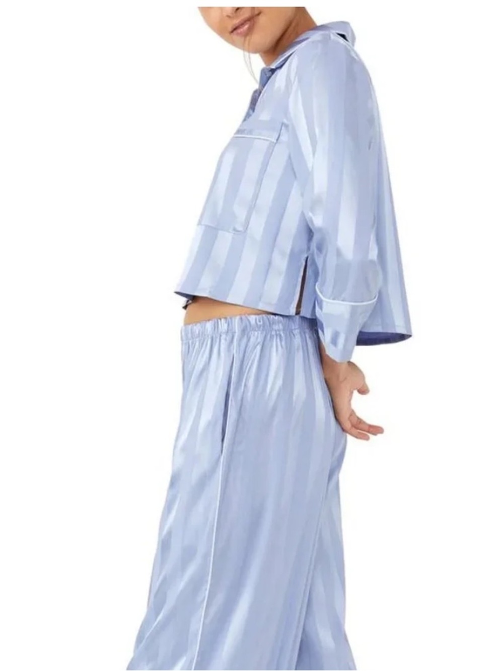 Free People Pajama Party Satin Sleep Set Women’s L Blue Stripe